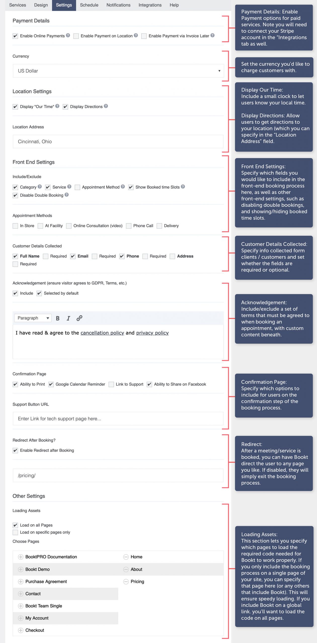 Brindle Booking Settings